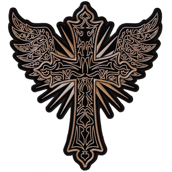 Brown Christian Cross and Wings Embroidered Iron on Patch - 10.9x12 inch PL6354