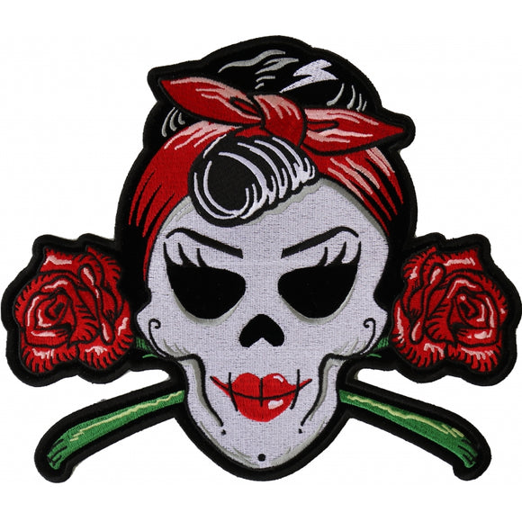 Skull and Roses Embroidered Iron on Patch - 10x8.6 inch PL6544